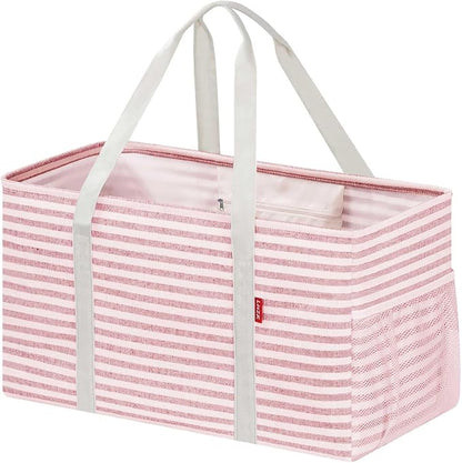 LHZK Standing Extra Large Utility Tote Bag with Metal Wire Frame and the Sides Rinforced, Extra Large Tote Bag with Handle, Reusable Grocery Bags Foldable, Beach Bag, Car Tote (Pink) | Metal Wire Frame by LHZK