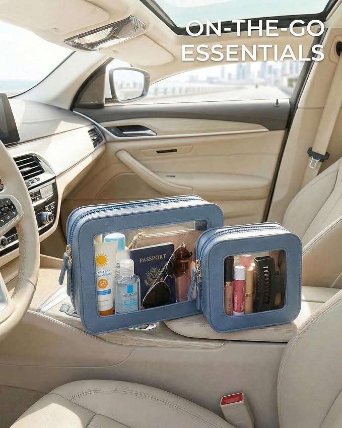 Clear Makeup Bag Organizer Set, Travel Toiletry Bag for Women, Waterproof Cosmetic Pouch with Zippers, Car Accessories Organizers and Storage Case (2Pack-Standard&Square, Blue) - Image 4