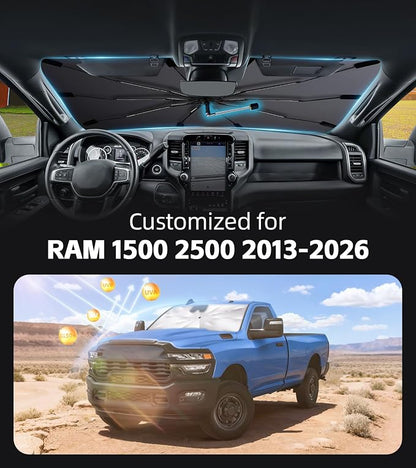 Windshield Sunshade for Dodge RAM 1500/2500 2013-2026, 360°Rotating Shaft | Custom Fit Umbrella Sunshade for UV Blocking, Interior Heat Protection, Easy Storage, UPF 50+ Cool Windshield Cover - Image 2