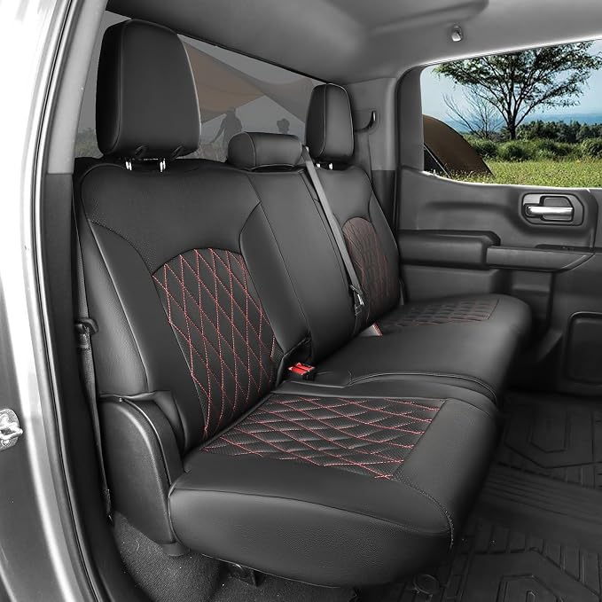 Silverado Seat Covers for 2014-2018 Chevy Silverado/GMC Sierra 1500/HD 2500/3500 DoubleCab Pickup Seat Cover,Fully Covered,Waterproof Truck Leather Seat Protector(Full Set,Black/Red) - Image 7