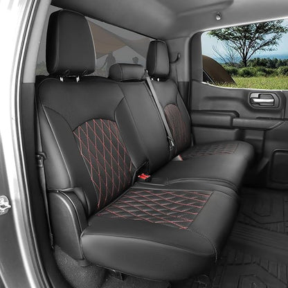 Silverado Seat Covers for 2014-2018 Chevy Silverado/GMC Sierra 1500/HD 2500/3500 DoubleCab Pickup Seat Cover,Fully Covered,Waterproof Truck Leather Seat Protector(Full Set,Black/Red) - Image 7