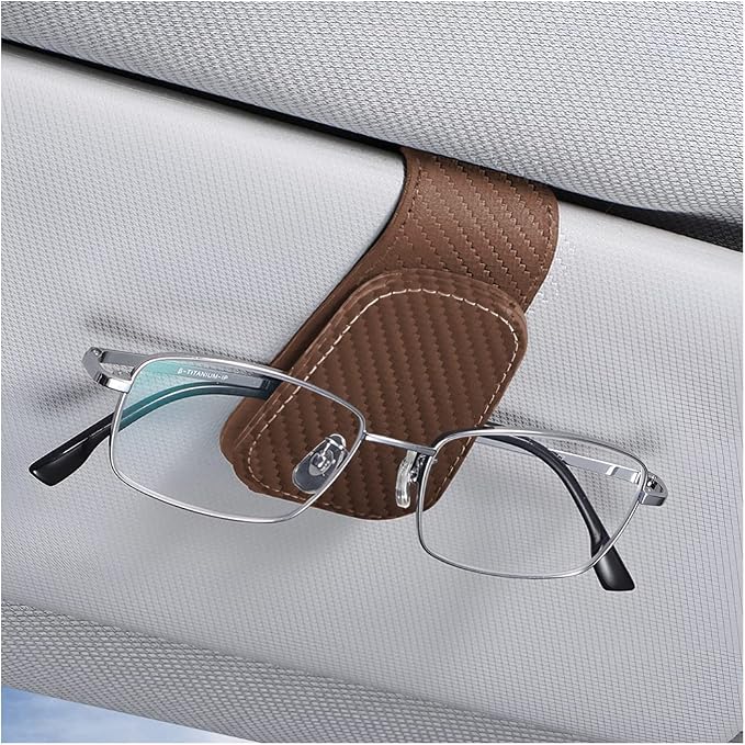 AICEL Sunglasses Holders for Car Sun Visor, Leather Magnetic Clip, Brown | Leather Eyeglasses Hanger Mounter, Magnetic Glasses Holder and Ticket Card Clip, Car Accessories, Universal Fit by AICEL