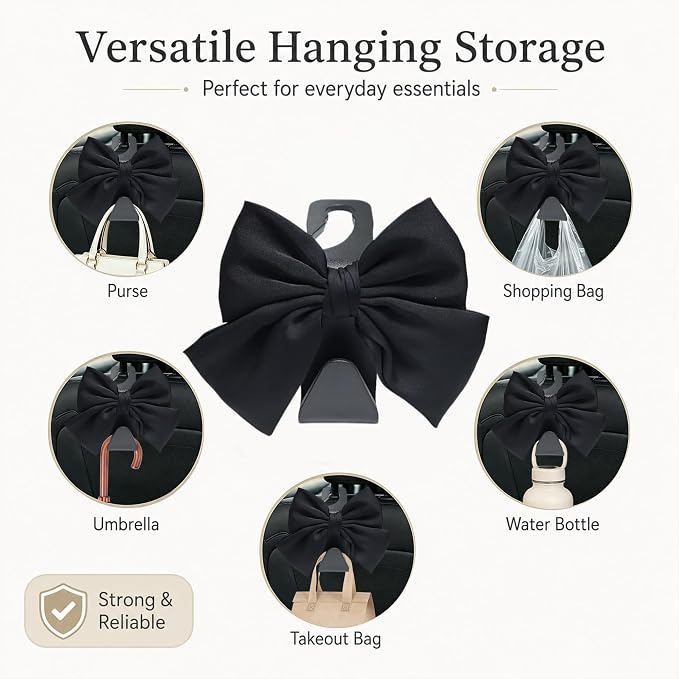 2-Pack Cute Bow Car Purse Hooks, Headrest Hangers, Black silk | Cute bow hooks keep purses and bags organized within reach while saving space; fits most car headrests - Image 3