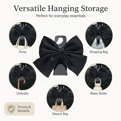 2-Pack Cute Bow Car Purse Hooks, Headrest Hangers, Black silk | Cute bow hooks keep purses and bags organized within reach while saving space; fits most car headrests - Image 3