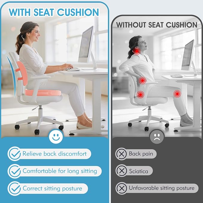 CushZone X-Large Seat Cushion and Lumbar Support Pillow for Office, Pink | Thick Memory Foam for Sciatica Pain Relief & Posture Correction, Non-Slip Chair Cushions for Car, Wheelchair and Travel - Image 3