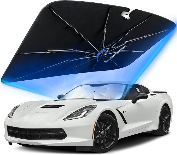 Windshield Sun Shade for Chevry Corvette 2005-2019 with 360° Rotating Shaft | Custom Fit Umbrella Sunshade for UV Blocking, Interior Heat Protection, Easy Storage, UPF 50+ Cool Windshield Cover by Lonyaqui