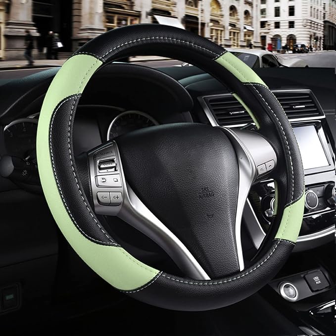 Leather Car Steering Wheel Cover, Universal Fit for Most Cars, Green | Microfiber Leather,Non-Slip Breathable Auto Steering Wheel Protector by Szttswamp