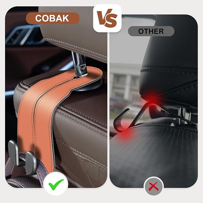 CoBak Purse Hook for Car - Universal Premium Stitched Leather and Aluminum-Magnesium Alloy Double Car Seat Back Storage Hook for Purses, Handbags, Bags (2 Pack),Coral Orange - Image 3