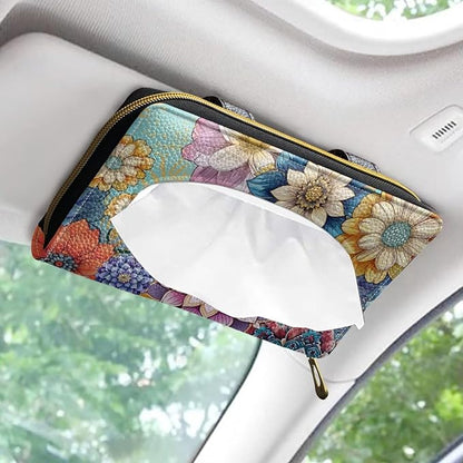 Biyejit 2 Pack Car Tissue Holder, Boho Flowers Hanging Napkin Case, PU Leather Tissue Box for Sun Visor, Backseat Decor - Image 2