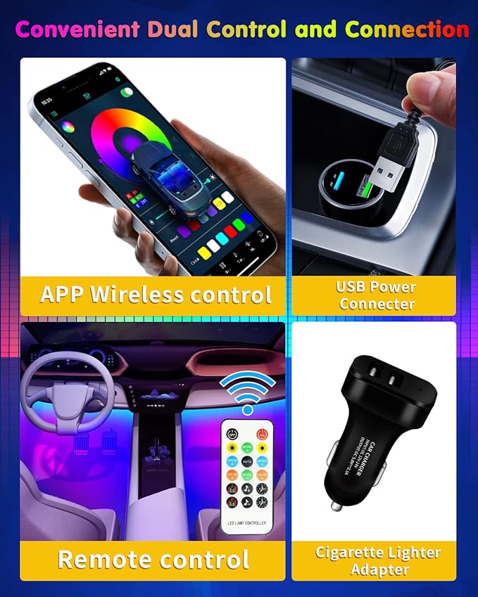 RGB Interior Car Strip Light with Smart APP Control，Led Car Lights Interior | Music Sync Under Dash Footwell Neon Internal Lighting Kit Multicolor,12V LED Strip Lights for Car, Truck, SUV (1 Set) - Image 6