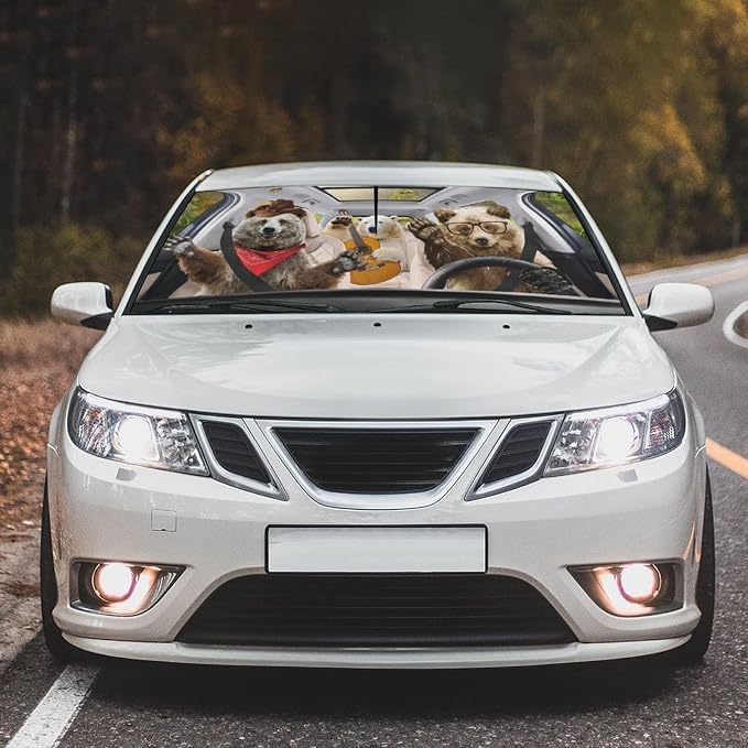 Socira Funny Bear Car Window Shades Windshield Sun Shade Umbrella | Foldable Bear Sunshade for Front Window Auto Windshield Sunshade Covers Bear Car Accessories 57'' X 30'' - Image 2