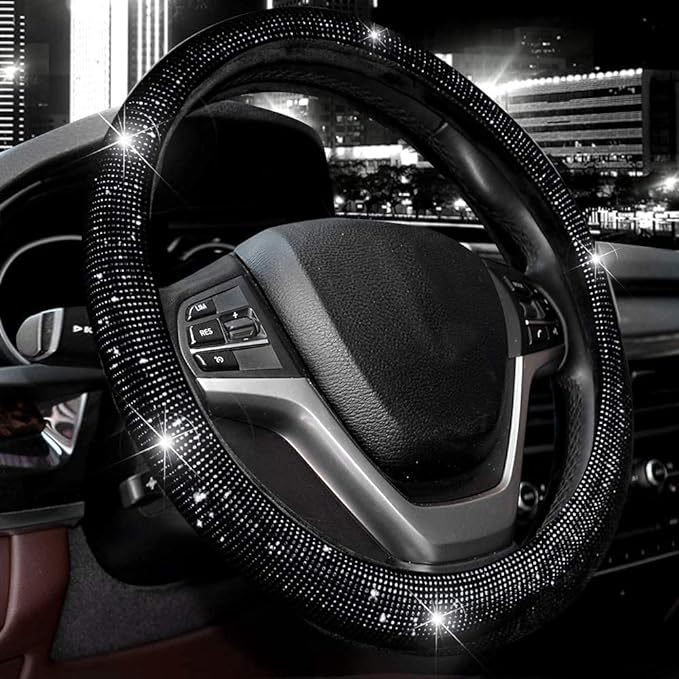 Steering Wheel Cover for Women Men Bling Bling Crystal Diamond | Sparkling Car SUV Wheel Protector Universal Fit 15 Inch (Black with Black Diamond, Standard Size(14" 1/2-15" 1/4)) by Valleycomfy