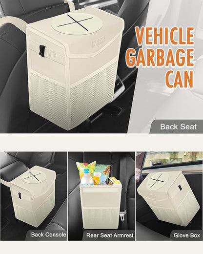 Pritent Car Trash Can with Lid Leakproof Car Garbage Bag Vehicle Trash Bin | Hanging Automotive Garbage Can,Multipurpose Car Accessories for Women Men Interior Car Storage Organizer(4 Gal,Beige) - Image 6