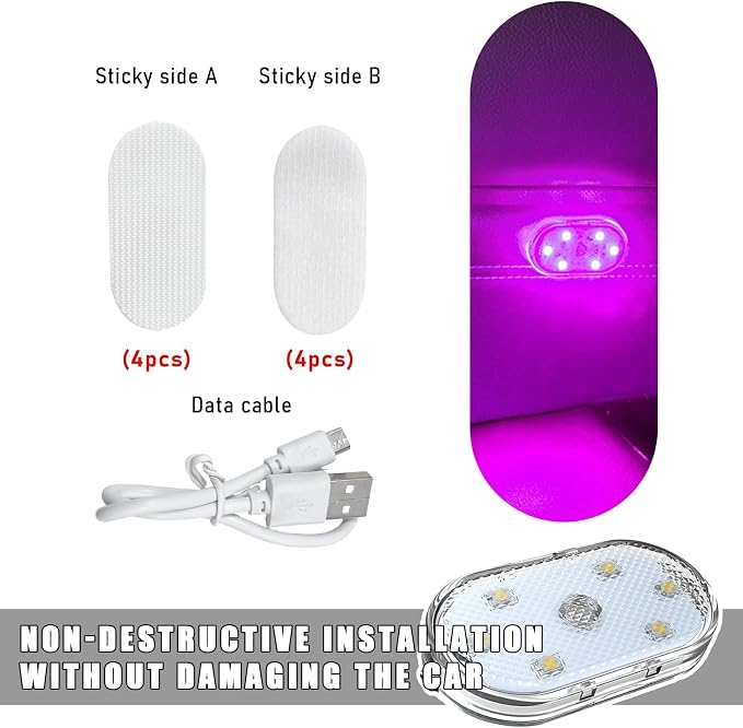 KVAEY 4 PCS Car LED Lights Interior Wireless, 7 Colors Magnetic Auto Ambient Light with 6 Bright LED Lamp Beads, Portable USB Rechargeable Vehicle Interior Led Night Light (Pink, Sticky, 4pcs) - Image 3