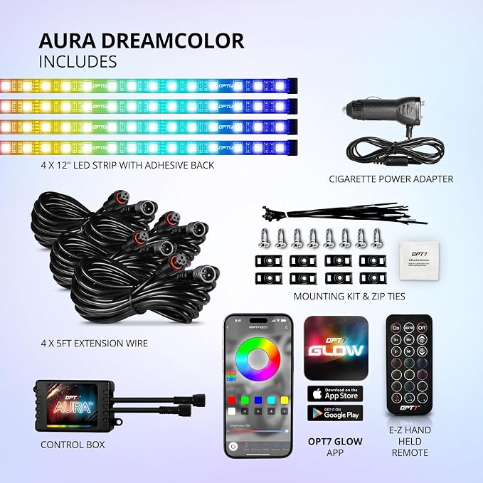 OPT7 Aura DreamColor RGBIC Interior Car Lights with App & Remote, 4PC Kit | Chasing Light Effects, Rainbow Ambient Glow, Multicolor LED Strips, SUV Under Dash Decor, Music Sync Lighting - Image 7