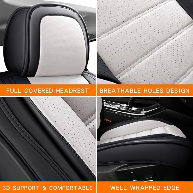 MINGBRON Car Seat Covers Full Set,Black White Car Seat Cover, Car Seat Protector Waterproof, Nappa Leather Car Seat Cushion, Fit for Most Cars - Image 7