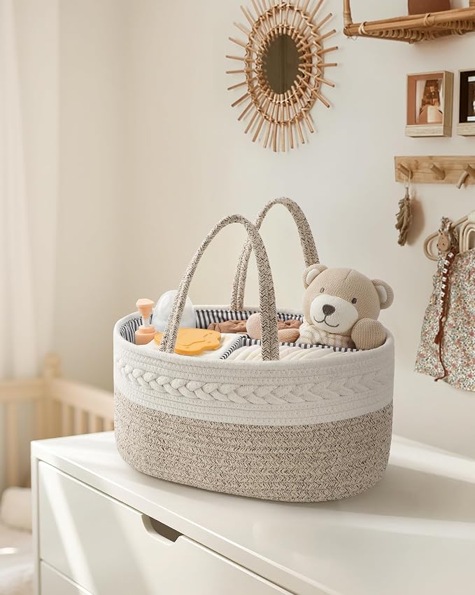 Maliton Baby Diaper Caddy Organizer, X-Large Cotton Rope, Rustic Style, Portable, 3 Compartments, A-Brown - Image 7
