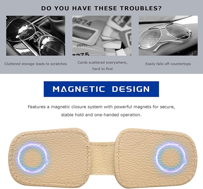 2 PCS Sunglass Holder for Car, Magnetic Leather Glasses Holder Auto Ticket Card Clip, Sun Visor Eyeglass Hanger Interior Accessories for Sedan Truck SUV, Car Accessories (Beige) - Image 5
