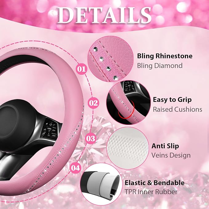CAR PASS Bling Diamond Pink Leather Steering Wheel Cover, Studded Shining Rhinestones Universal Fit 14" 1/2-15" Glitter Sparkly Crystal Fit for Women Girl SUV,Vans,Sedans,Car,Trucks, Pink Diamond - Image 4