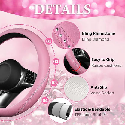 CAR PASS Bling Diamond Pink Leather Steering Wheel Cover, Studded Shining Rhinestones Universal Fit 14" 1/2-15" Glitter Sparkly Crystal Fit for Women Girl SUV,Vans,Sedans,Car,Trucks, Pink Diamond - Image 4