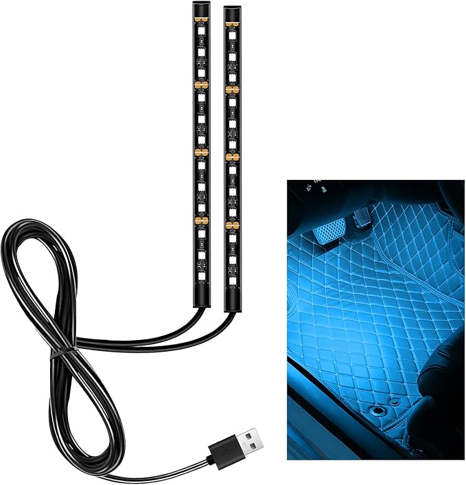 Car LED Strip Light, 12V 24 LEDs RGB Car Interior Atmosphere Lamp with USB Port, Vehicle Under Dash Floor Ambient Night Decorative Lighting Kit (Ice Blue) by Unknown