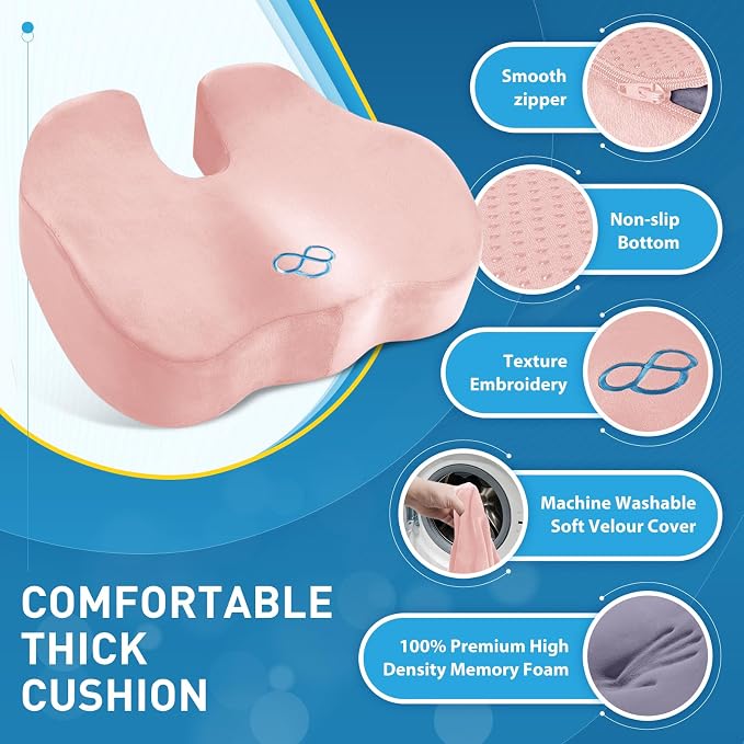 BlissTrends Thick Seat Cushion for Office Chair & Car Seat, XL, Pink | Memory Foam with Removable Cover, Ergonomic Tailbone & Sciatica Support for Pressure Relief and Long Sitting, 3.9" Thick - Image 4