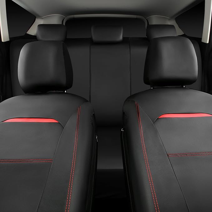 CAR PASS Leather Car Seat Cover Full Set with Steering Wheel Cover and 2PCS Seat Belt Shoulder Pads,for Trucks and SUV with Built-in Seatbelts and Front Seat Side Armrests(Combo Set, Black and Red) - Image 6