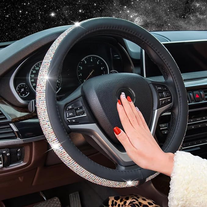 New Diamond Leather Steering Wheel Cover with Bling Crystal Rhinestones | Universal Fit 15 Inch Car Wheel Protector for Women Girls Black with Colorful Diamonds - Image 2