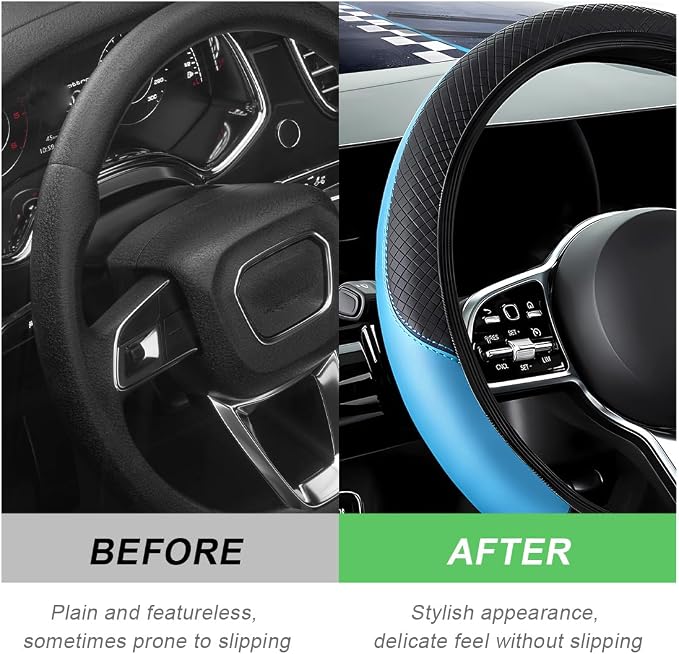 DXNQ Car Steering Wheel Cover, 15 Inch Carbon Fiber Leather Stitching Color Steering Wheel Protector, Anti-Slip Elastic Breathable Steering Wheel Cover Stylish Decor for Most Cars (Black&Blue, AD) - Image 4
