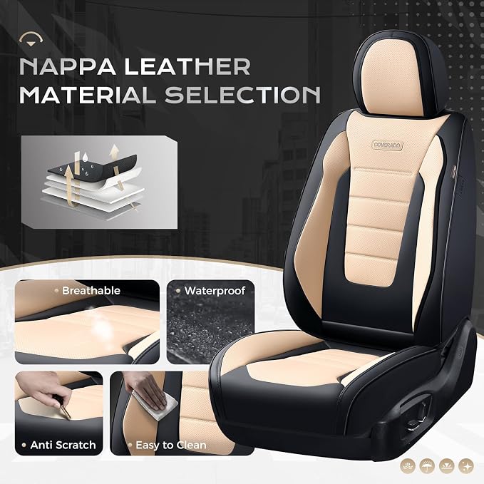 Coverado Car Seat Covers Full Set, Nappa Leather Seat Covers for Cars, Car Seat Protector Car Seat Cushion, Front and Back Seat Protectors Cushions Universal Fit for Most Cars Vehicles(Black&Beige) - Image 2