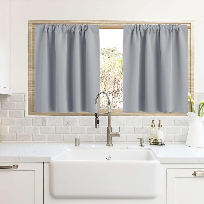 RYB HOME Cafe Blackout Curtains 24 inch Length for RV Camper Kitchen Window | Temperature Regulating,Light UV Blocking,Privacy Protection,Short Small Half Window Tiers,W42 x L24,Silver Grey,2 Panels by RYBHOME