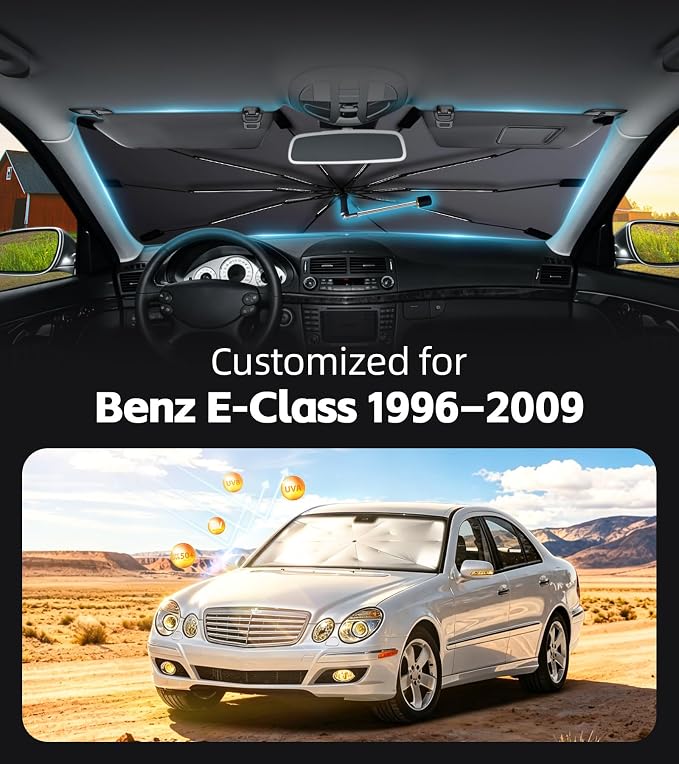 Windshield Sun Shade for Mercedes-Benz E-Class 1996-2009,360°Rotating Shaft | Custom Fit Umbrella Sunshade for UV Blocking, Interior Heat Protection, Easy Storage, UPF 50+ Cool Windshield Cover - Image 2
