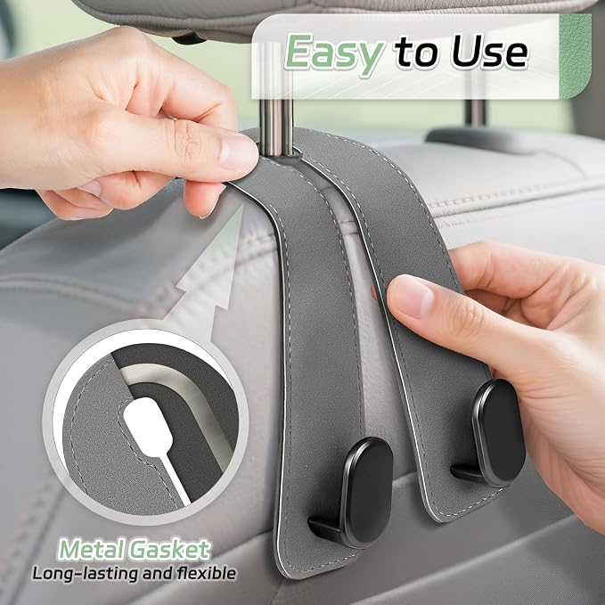 Car Seat Headrest Hooks, 2PCS Universal Car Purse Hook Leather Car Bag Hook | Gray Car Bag Purse Holder with Double Metal Hooks for Handbags, Grocery Bags, Bottles, Phones - Image 3