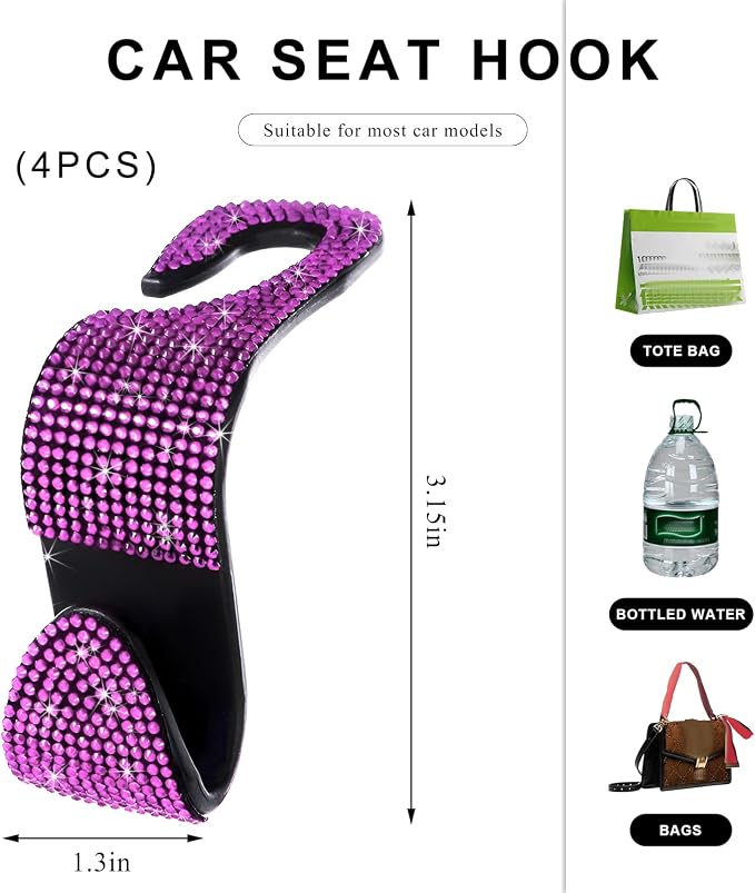 4 PCS Car Seat Headrest Hooks, Bling Crystal Rhinestone Back Seat Hanger Storage Organizer, Sparkly Seatback Holder Hooks for Purse and Bags Universal For Most Vehicles (Pink) - Image 2