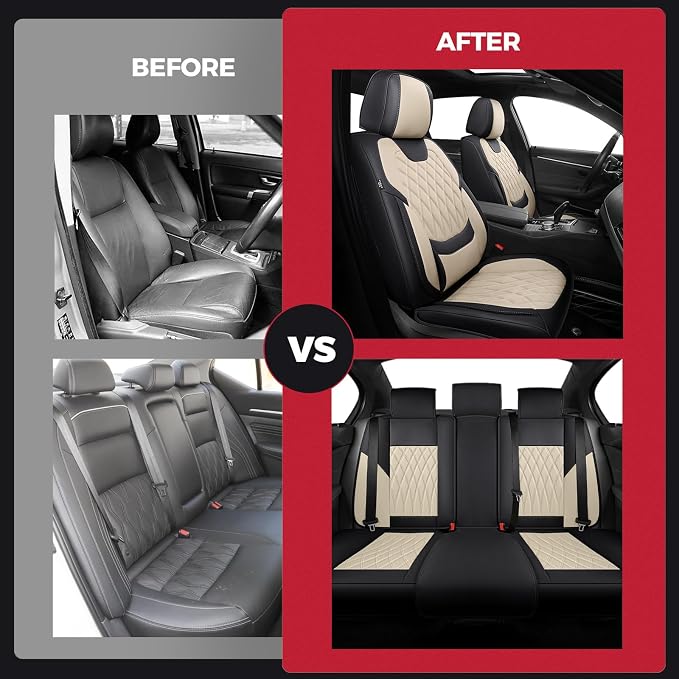 FREESOO Car Seat Covers Full Set Faux Leather Universal Fit Black Beige | faux nappa leather seat covers, waterproof breathable, full set lumbar support, front rear covers, fit sedans suvs pickups - Image 9