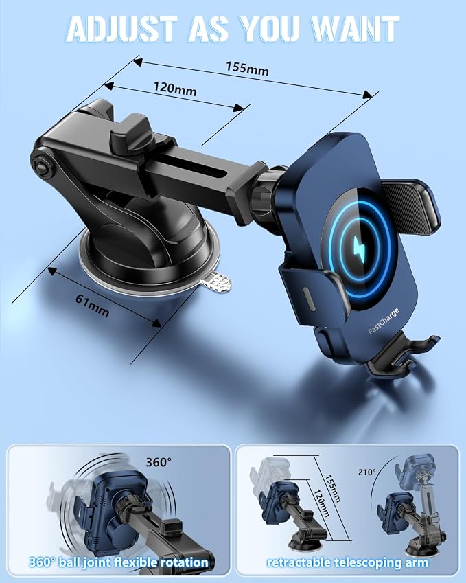 3-in-1 Wireless Car Charger Mount, 15W Fast Charging Auto-Clamping Phone Holder for iPhone 17 16 15 14, Samsung Galaxy S24 S23, Dashboard, Vent & Windshield Car Mount(Deep Blue) - Image 5