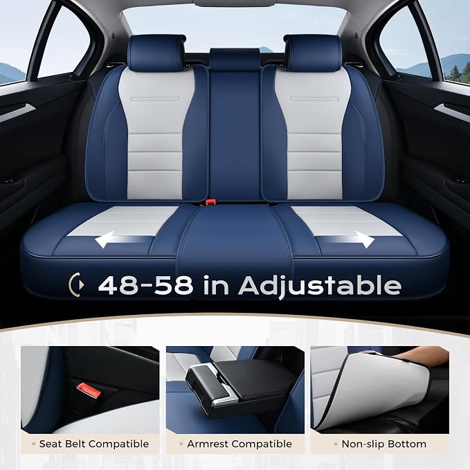Coverado Car Seat Covers Full Set, Nappa Leather Seat Covers for Cars, Car Seat Protector Car Seat Cushion, Front and Back Seat Protectors Cushions Universal Fit for Most Cars Vehicles(Blue&White) - Image 5