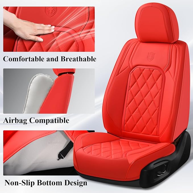 Coverado Car Seat Covers Full Set, 5 Seat Universal Seat Cover for Cars, Luxury Faux Leather Waterproof Seat Cover, Front and Back Car Seat Protector, Auto Seat Covers Fit for Most Vehicles, Red - Image 6