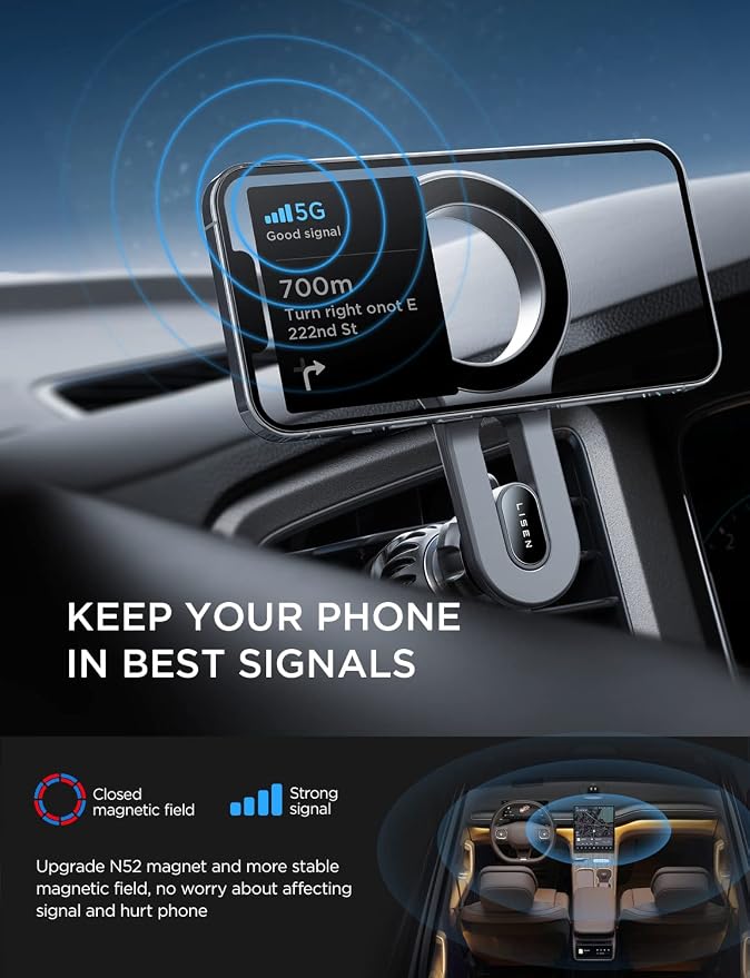 LISEN for Magsafe Car Mount, Strong Magnets Magnetic Phone Holders for Your Car, 360 Degree Adjustable Air Vent Hands Free Car Phone Holder Fit for iPhone 17-12 & All Smartphones, Blue | Upgraded Strongest Magnet Power, Metal Hook Clip, 360 Rotation, M... - Image 4
