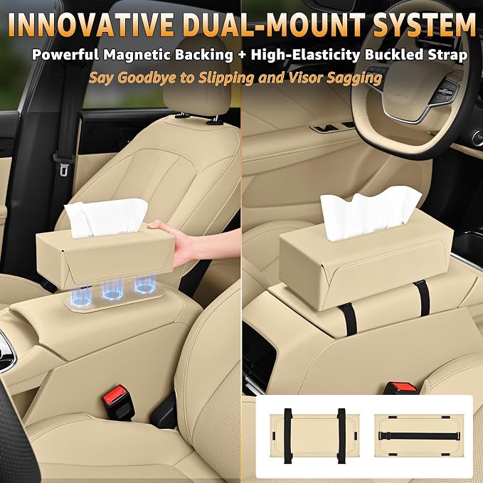 Car Tissue Holder with Magnetic & Strap Mount, Beige, 1 Pack | PU Faux Leather, For Sun Visor, Seat Back, Console, Refrigerator, Fits Standard Tissue Packs - Image 2