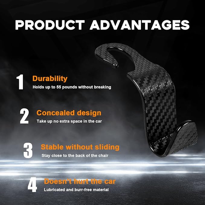 povtii 4PCS Car Seat Headrest Hook, Auto Back Seat Hanging Storage Organizer, Vehicle Seatback Hanger Holder for Purse Handbag Coat Umbrella, Universal Interior Car Accessories (Carbon Fibre Black) - Image 3