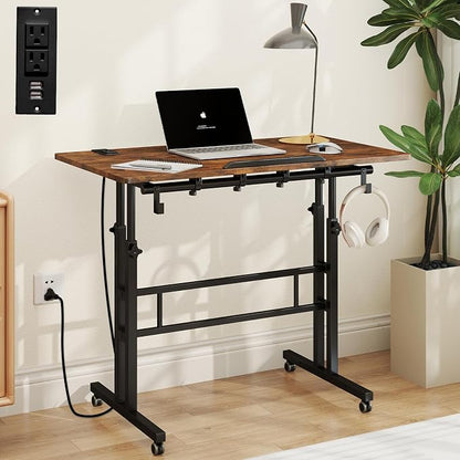 SIDUCAL Mobile Standing Desk with Charging Station, Portable Desk for Walking Pad, Adjustable Computer Workstation with Wheels, Office Table Stand with Tilted Desktop 23.62" D X 31.5" W Rustic Brown by SIDUCAL