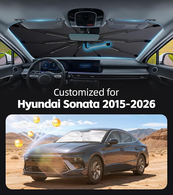 Windshield Sun Shade for Hyundai Sonata 2015-2026 with 360° Rotating Shaft | Custom Fit Umbrella Sunshade for UV Blocking, Interior Heat Protection, Easy Storage, UPF 50+ Cool Windshield Cover - Image 2