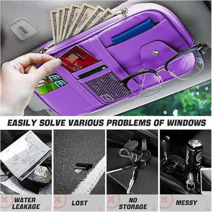 Car Sun Visor Organizer, Sunglass Holder and Storage Pocket, Card Cash Pouch with Multi-Pocket Net Zipper, Case Bag for License Pen Key, Auto Interior Accessories for Truck, SUV, Van (Purple) - Image 4