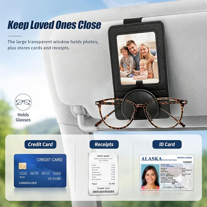 Car Visor Sunglasses Holder with Photo Frame, Magnetic Leather Clip - Image 4