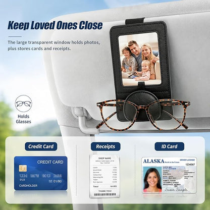 Car Visor Sunglasses Holder with Photo Frame, Magnetic Leather Clip - Image 4