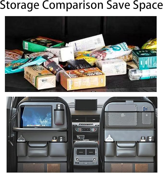 2 Pack Leather Car Backseat Organizer with Foldable Table Tray, Universal Car Seat Back Protector Kick Mat with Touchscreen Tablet Holder, Storage Pockets, Cup Holders & Tissue Holder, Black - Image 8