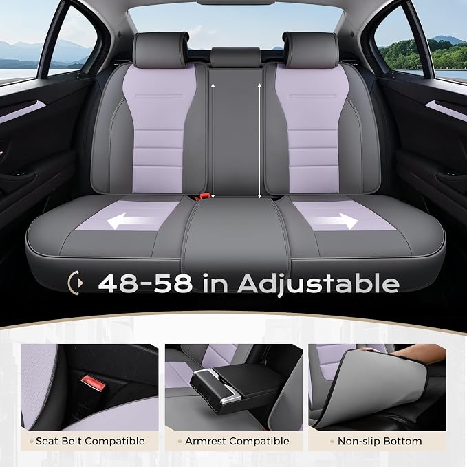 Coverado Car Seat Covers Full Set, Nappa Leather Seat Covers for Cars, Car Seat Protector Car Seat Cushion, Front and Back Seat Protectors Cushions Universal Fit for Most Cars Vehicles(Gray&Purple) - Image 7