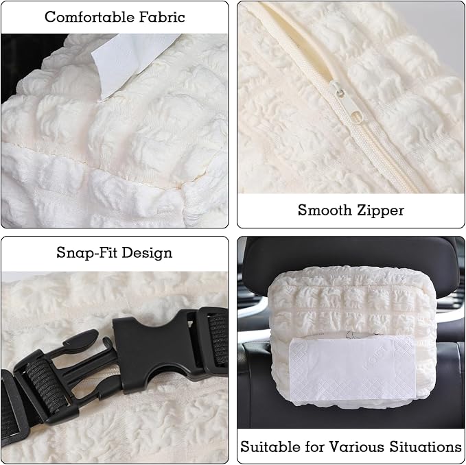 Beige White Car Tissue Holder, Car Standard Tissue Holder, Multi-Functional Car Tissue Boxes, Soft Puff Fabric with Adjustable Elastic Band, Keep Car Tidy, for Sun Visor, Backseat, Armrest - Image 6