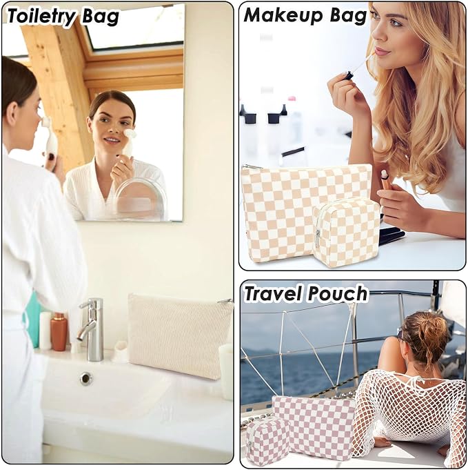 Fammart Checkered Makeup Bag, Travel Cosmetic Bag Organizer Toiletry Bag Make Up Bags with Zipper & Compartments for Women Girls, 2PCS - Image 7